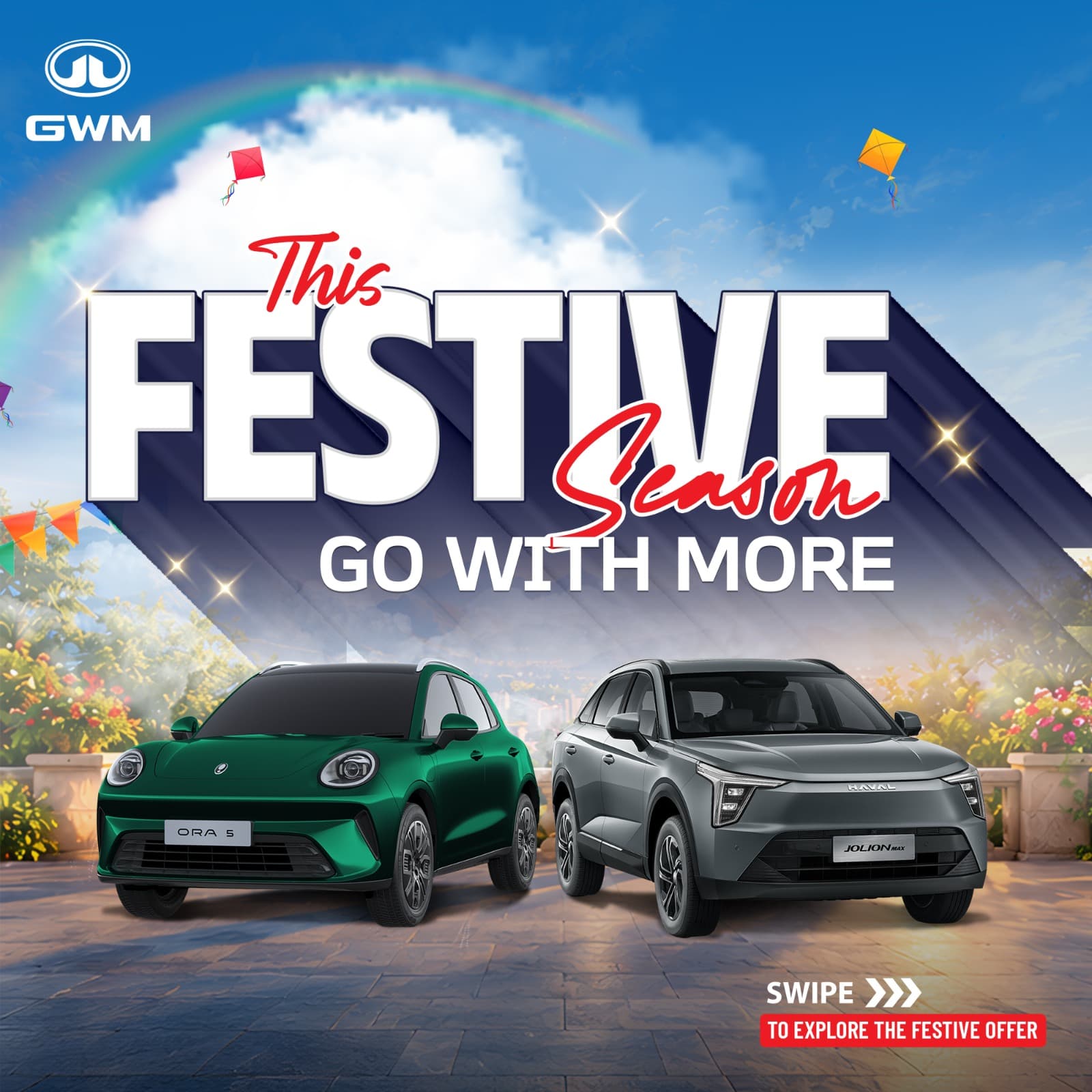 GWM festive season 2026 featuring the green ORA 5 and grey HAVAL Jolion Max EV